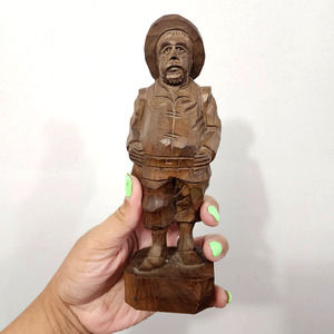 Vintage Hand-carved Antique Wood Art Emotionless Thinking Man Statue Figurine